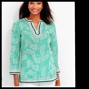 Talbots 100% Cotton Blue Teal Paisley Embroidered 3/4 Sleeve Tunic Plus 2X